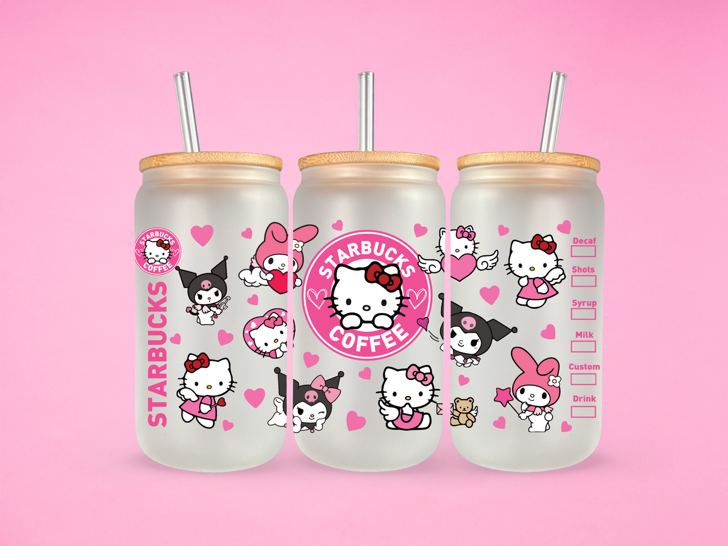 Kitty, Kurom and Bunny Frosted Glass Coffee Cup 16oz