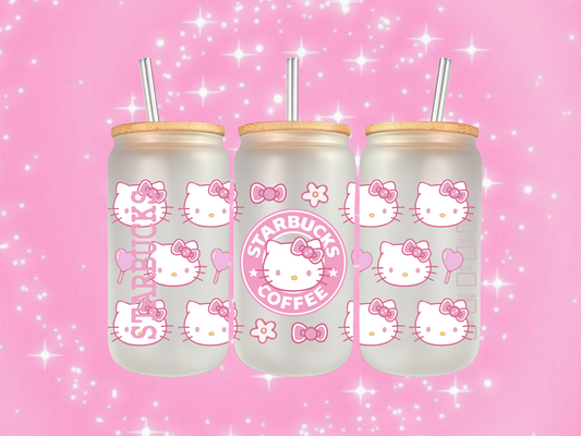 Pink Kitty Bows Frosted Glass Coffee Cup 16oz