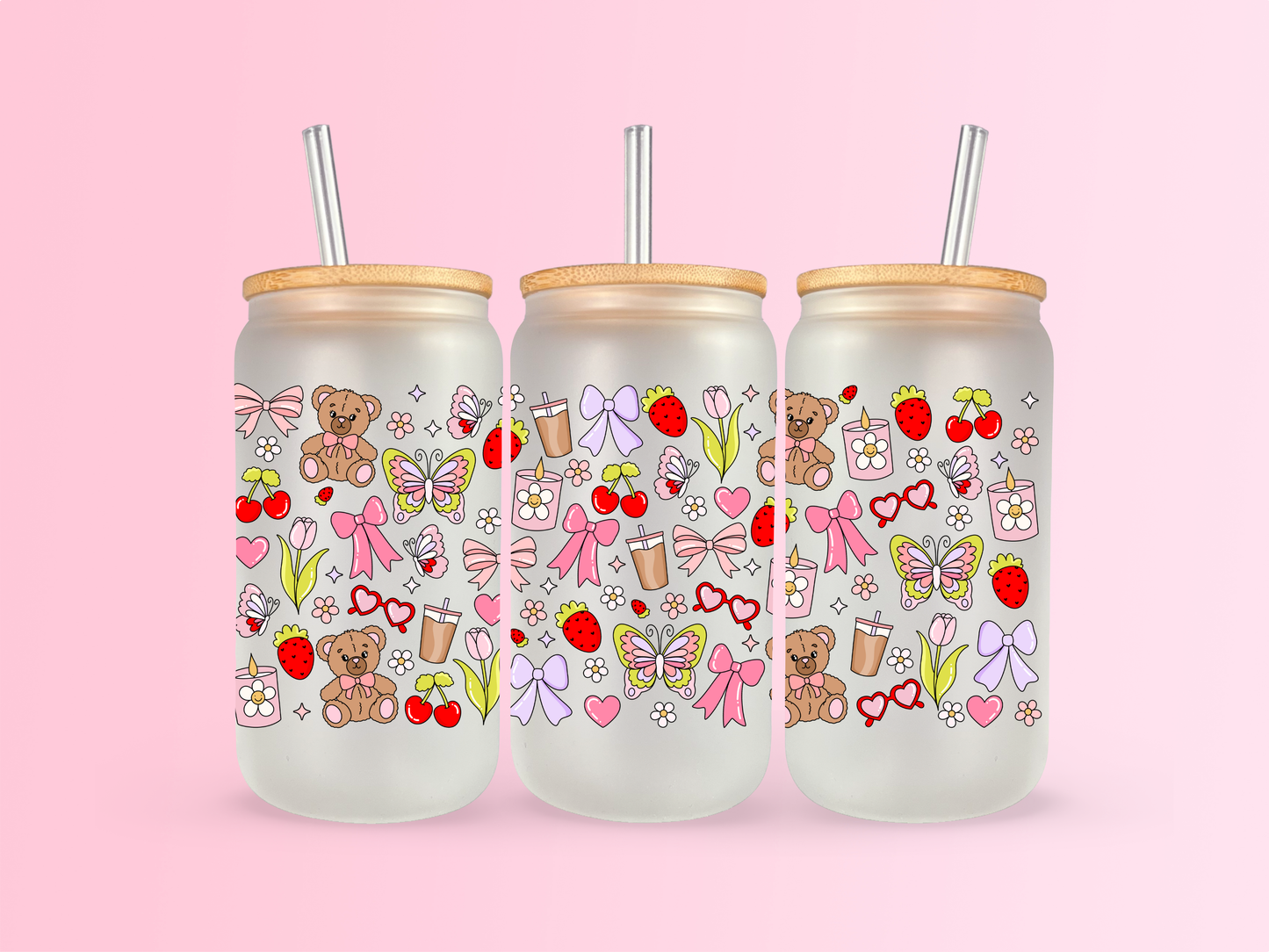 Bear Bows and Flowers Glass 16oz cup