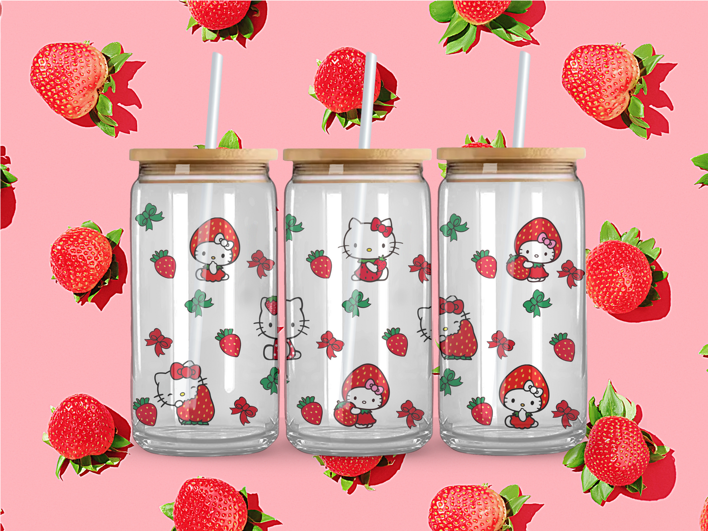 Strawberry Kitty Glass Coffee Cup 12oz