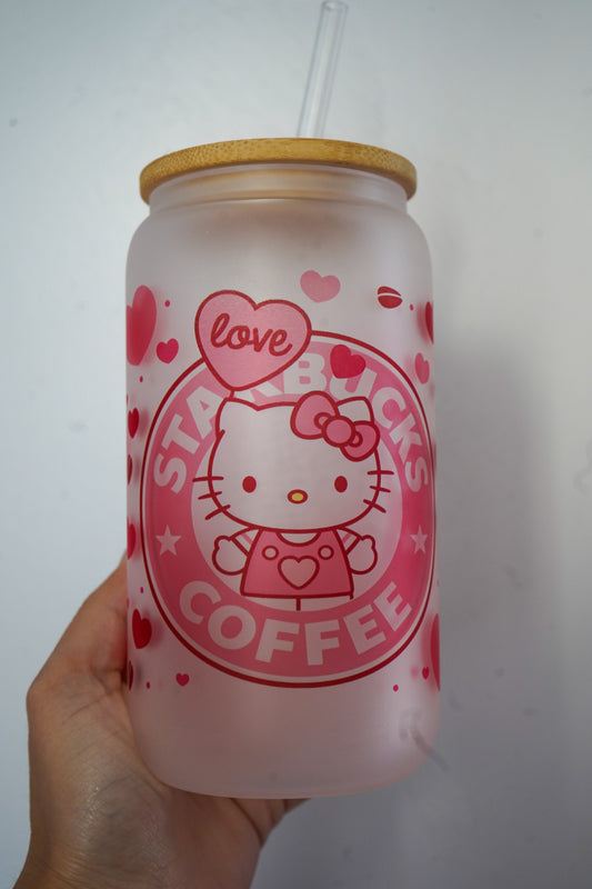 Pink and Red Kitty Hearts Frosted Glass Coffee Cup 16oz
