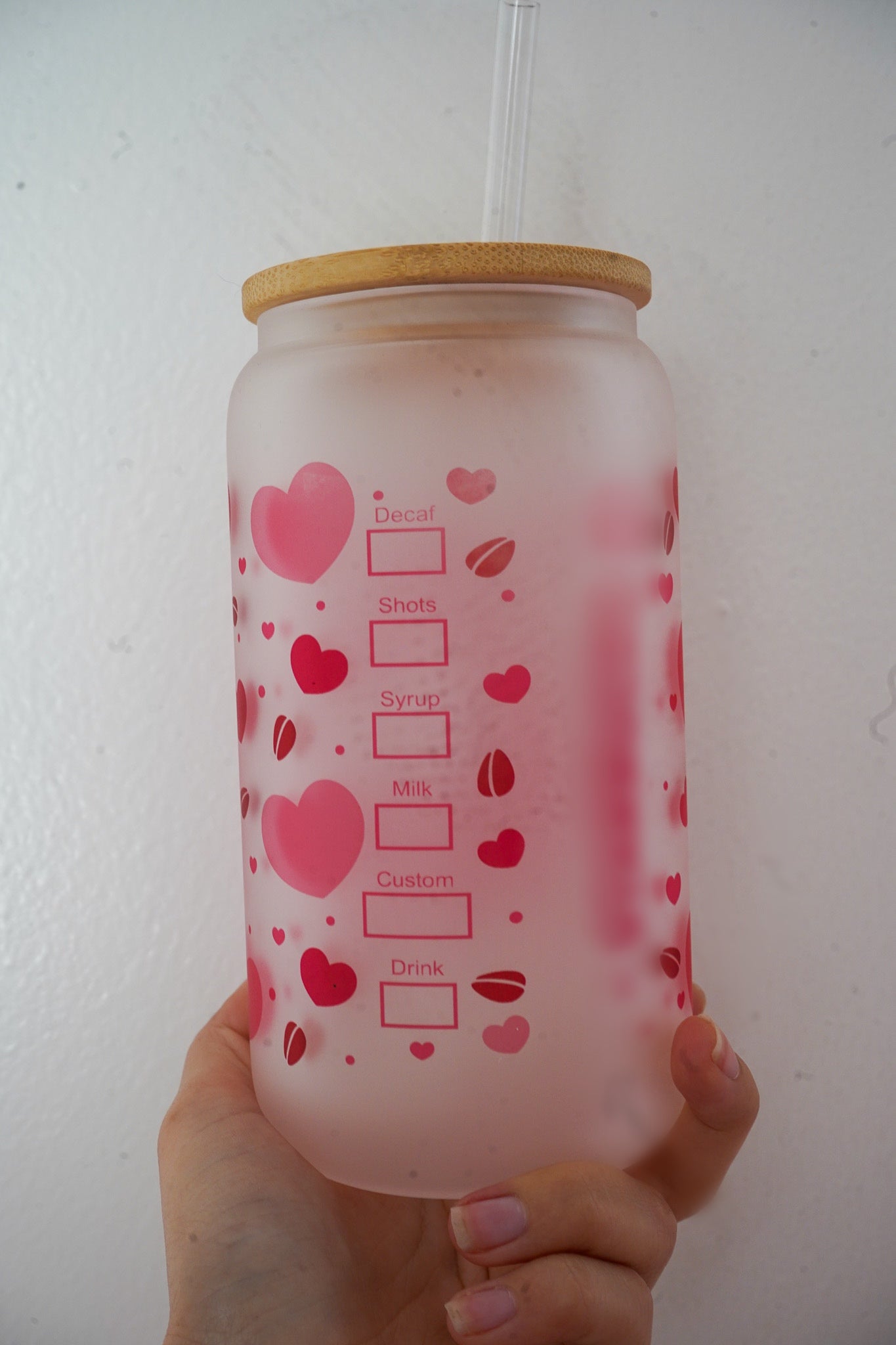 Pink and Red Kitty Hearts Frosted Glass Coffee Cup 16oz