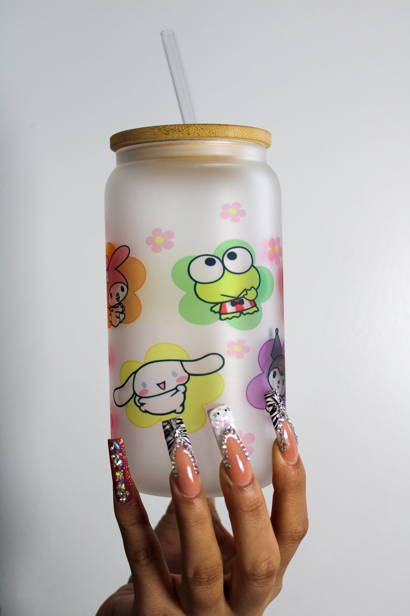 Kitty Flowers Frosted Glass Coffee Cup 16oz