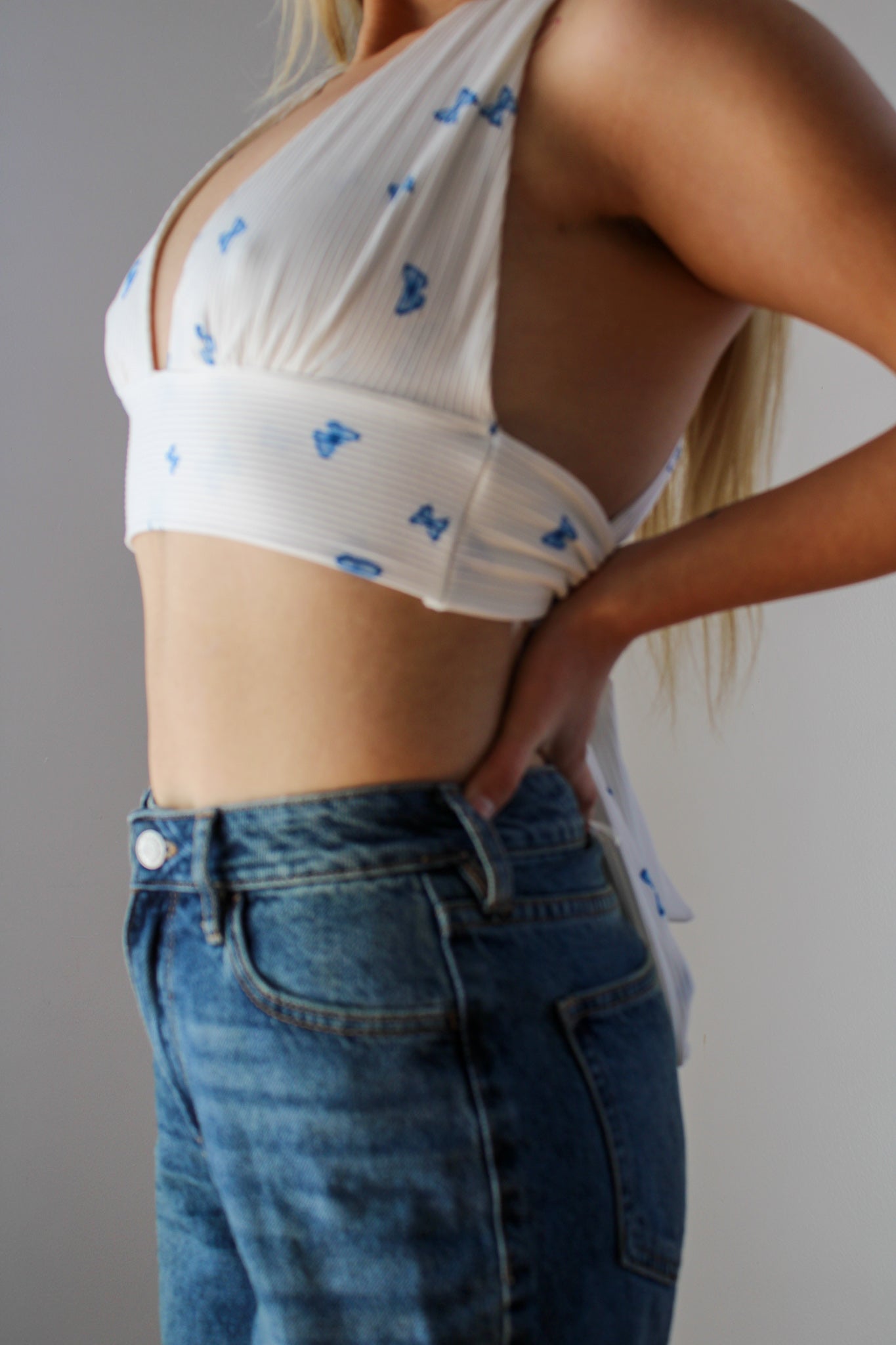 Off White Crop Top With Butterfly Design