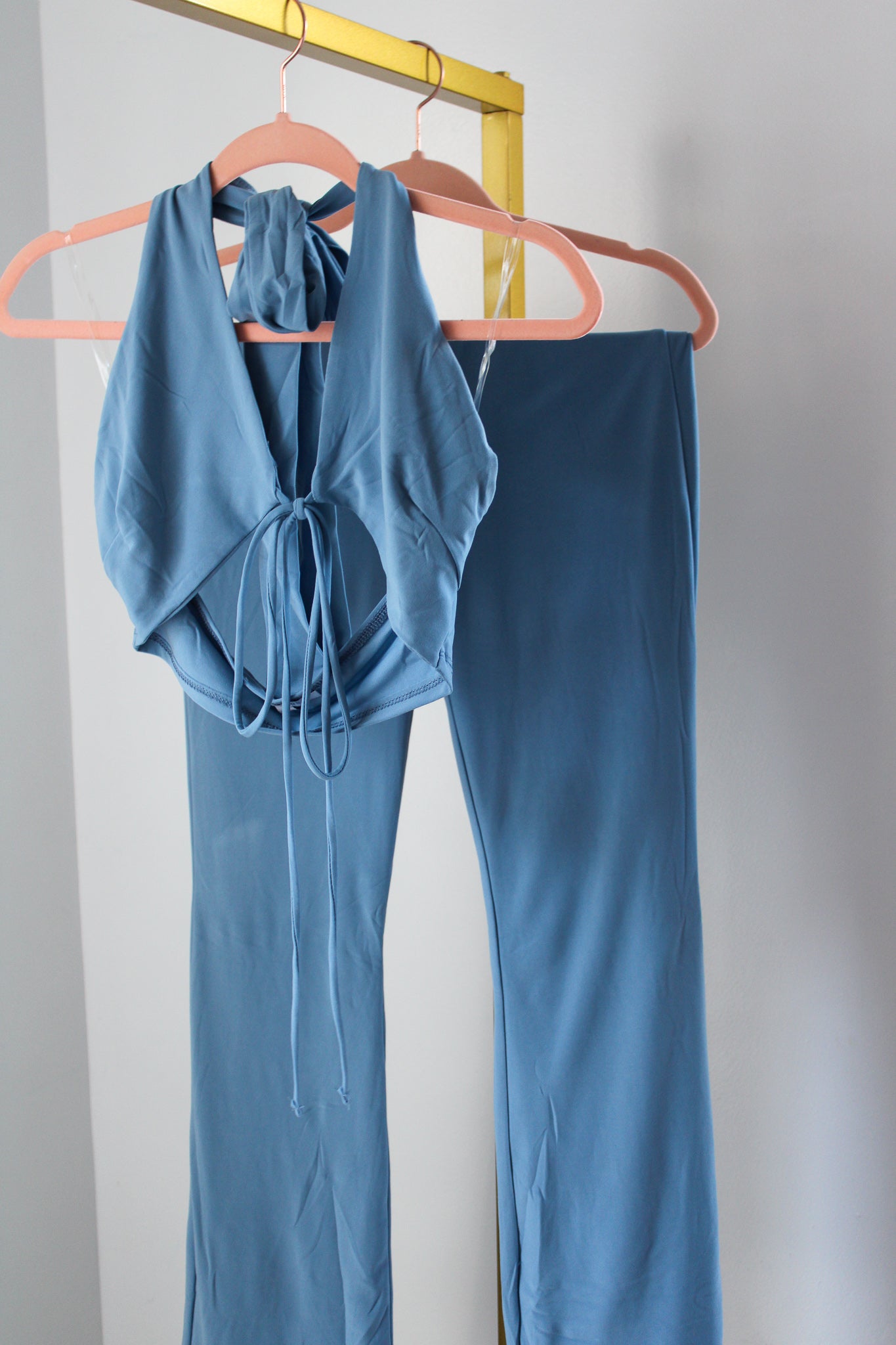 Light Blue Halter Tank And Flare Pant Set