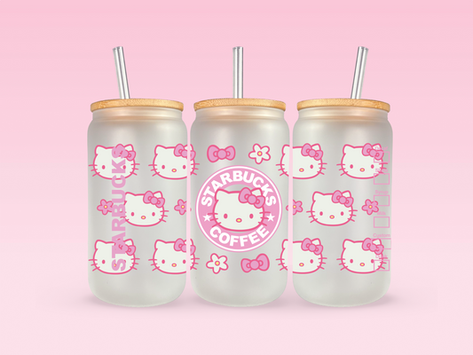 Pink Kitty Bows  Frosted Glass Coffee Cup 16oz