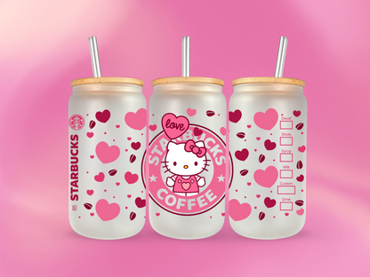 Pink and Red Kitty Hearts Frosted Glass Coffee Cup 16oz