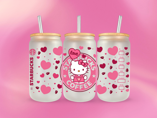 Pink and Red Kitty Hearts Frosted Glass Coffee Cup 16oz
