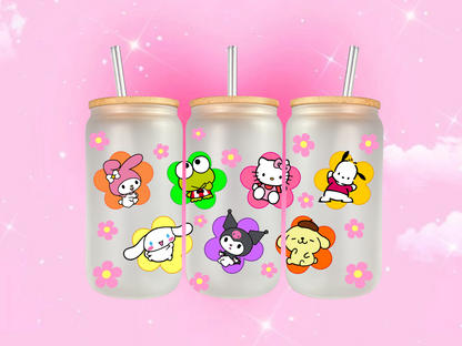Kitty Flowers Frosted Glass Coffee Cup 16oz