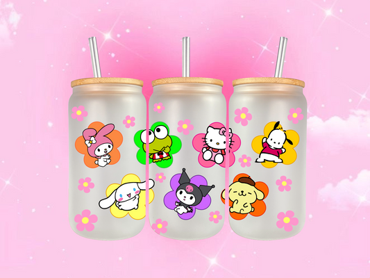 Kitty Flowers Frosted Glass Coffee Cup 16oz