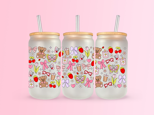 Bear Bows and Flowers Glass 16oz cup