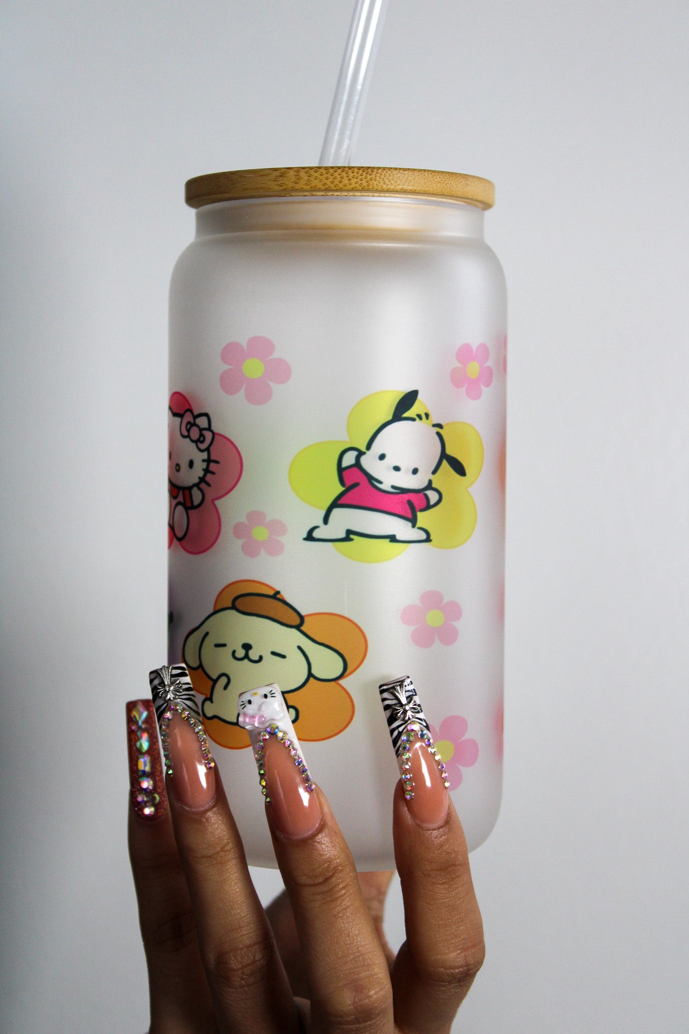 Kitty Flowers Frosted Glass Coffee Cup 16oz