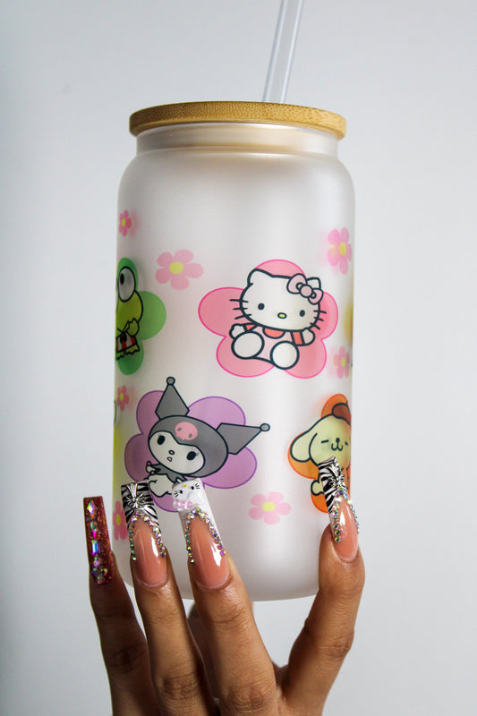 Kitty Flowers Frosted Glass Coffee Cup 16oz