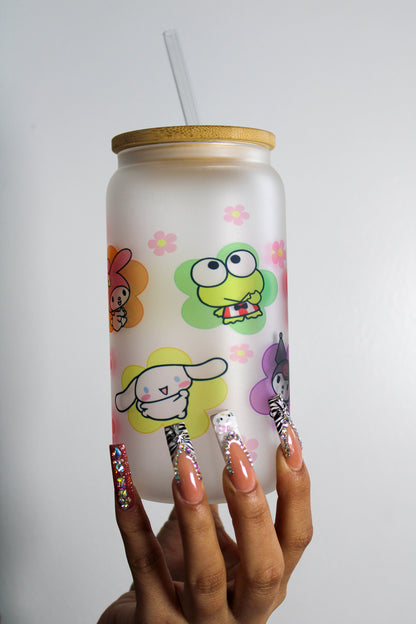Kitty Flowers Frosted Glass Coffee Cup 16oz