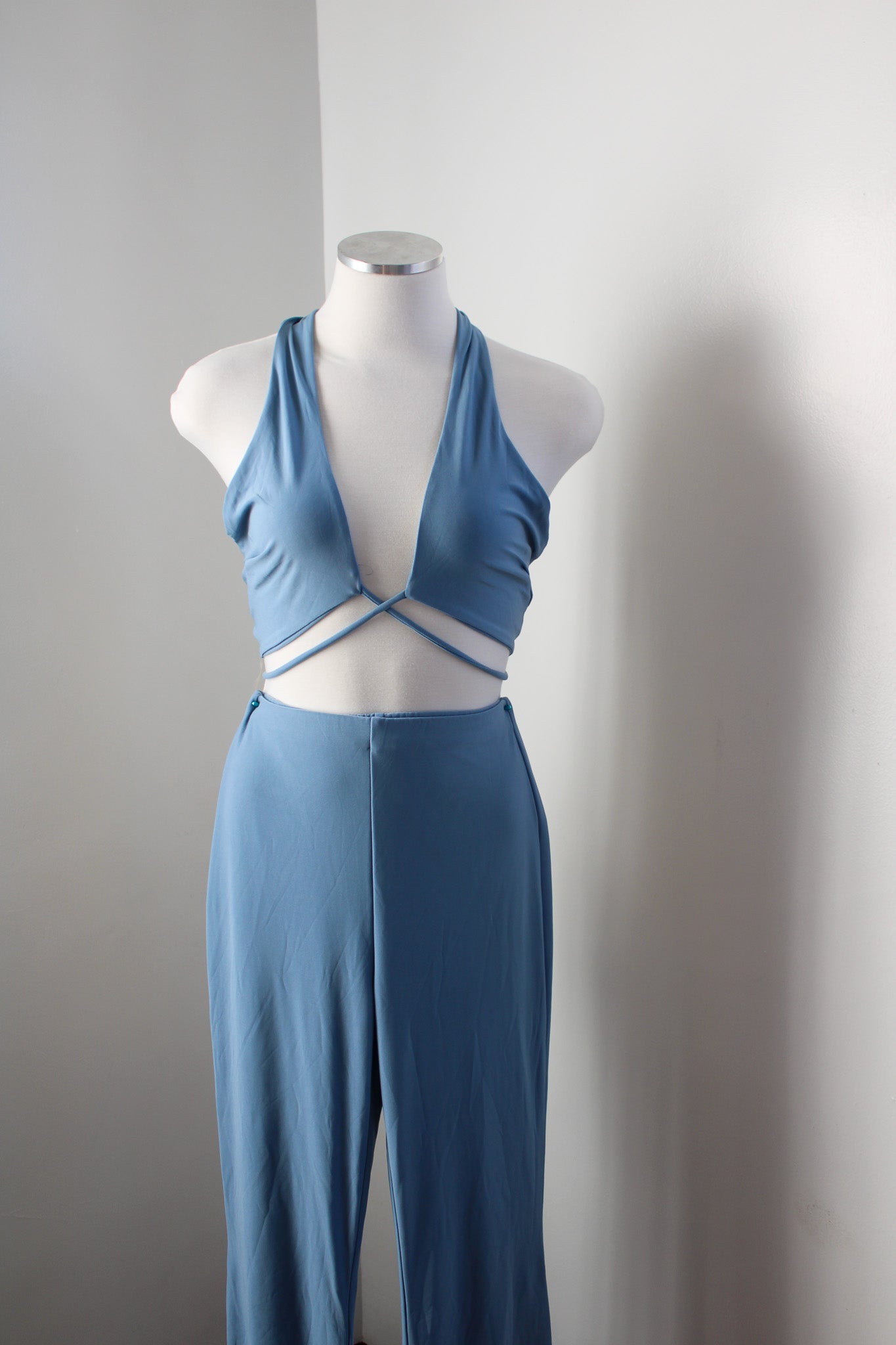 Light Blue Halter Tank And Flare Pant Set