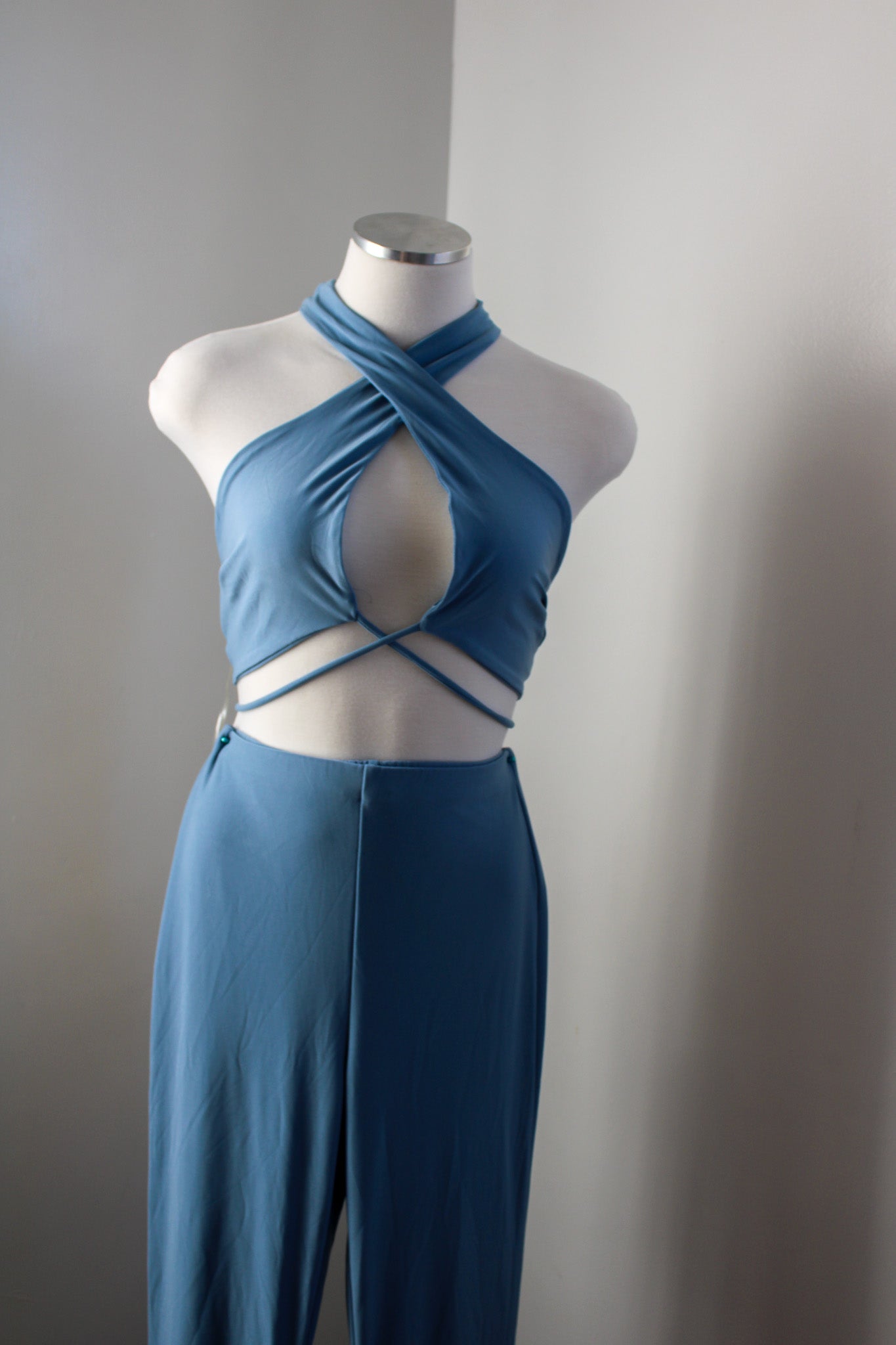 Light Blue Halter Tank And Flare Pant Set