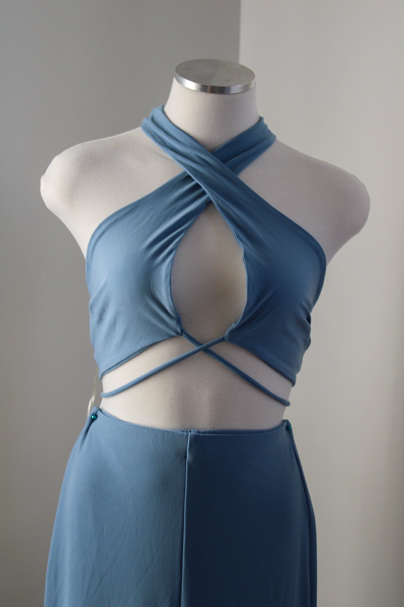 Light Blue Halter Tank And Flare Pant Set