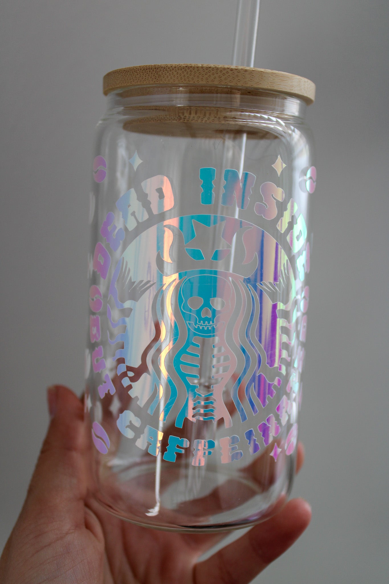 Dead Inside, But Caffeinated Glass Coffee Cup 12oz